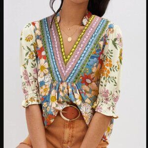 Anthropologie Blank London Stephanie Floral Retro Bohemian Hippie Flowy Top Sz M